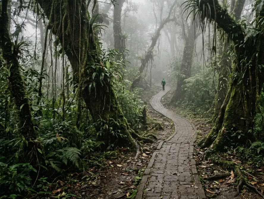 A misty paved trail between moss-draped trunks on a Monteverde cloud forest tour