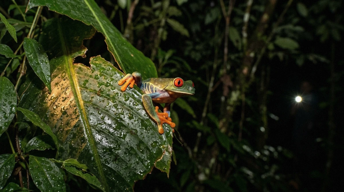 A red-eyed tree frog in a flashlight beam on a Monteverde cloud forest night tour